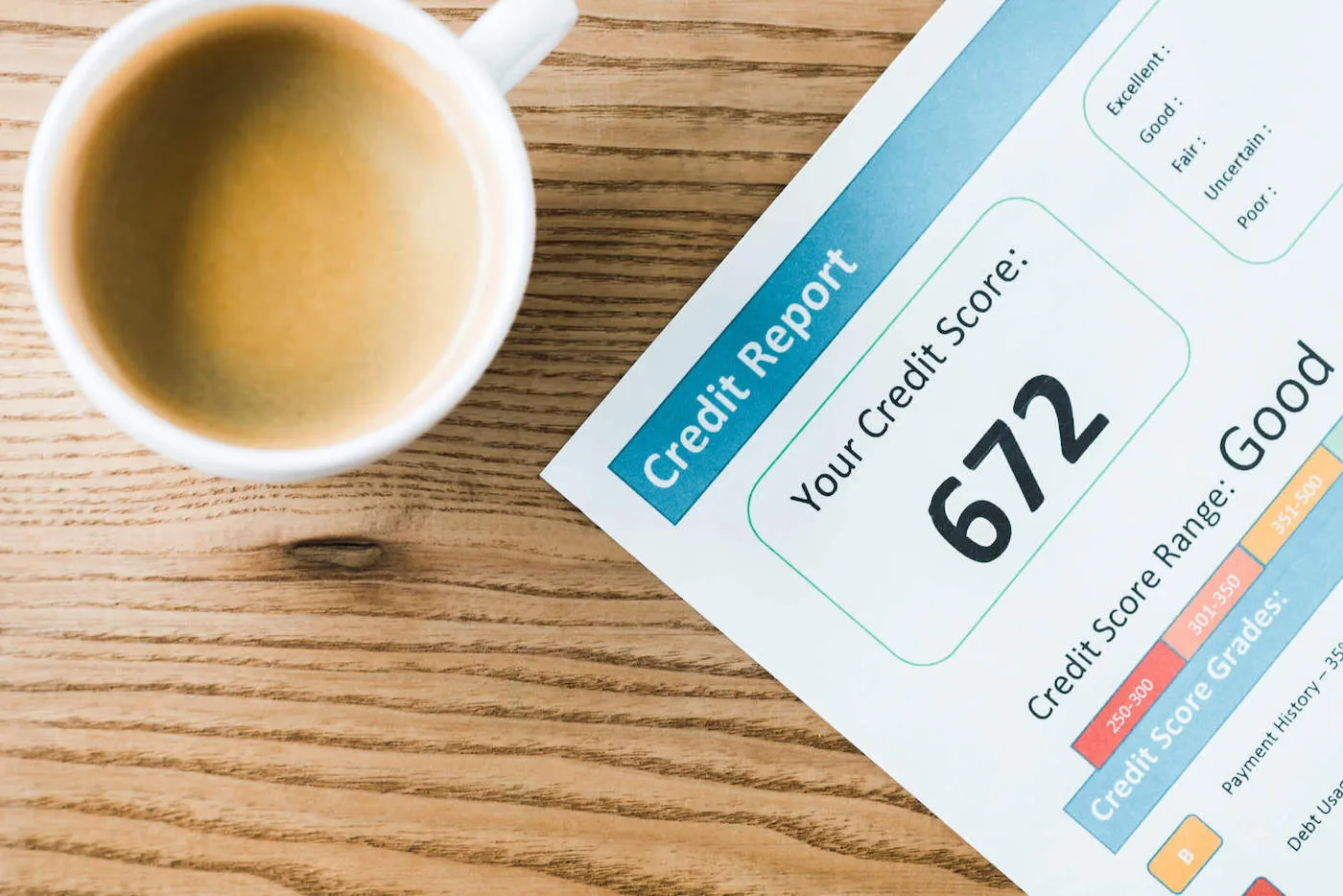 credit report on top of paper next to cup of coffee