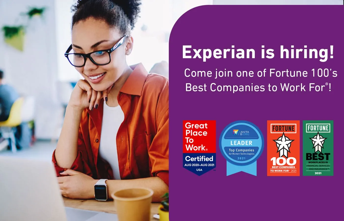 Woman looking at laptop seeing Experian is hiring as one of Fortune 100's best companies to work for.